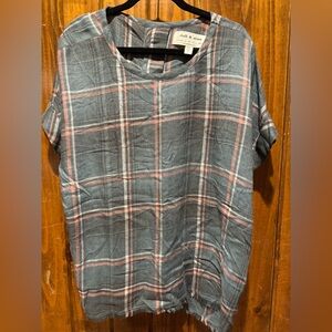 Cloth and Stone Plaid Pink and Green Short Sleeve Top